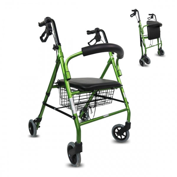 Deambulatore pieghevole| Alluminio | Freni sulle maniglie|Seduta e schienale | 4 ruote |Verde | Escorial| Mobiclinic