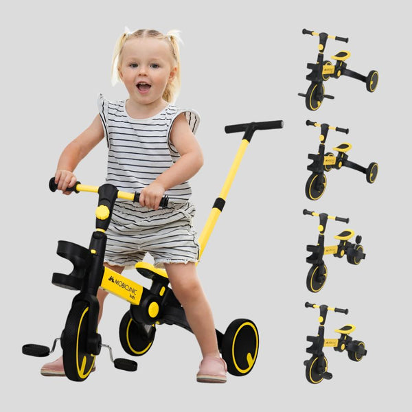 Triciclo 5 in 1 | Evolutivo | Sedile manubrio regolabile |Max 25kg | Leggero | 1 anno e mezzo-5 anni | Giallo | Chase|Mobiclinic