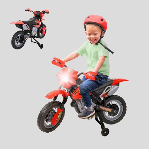 Motocicletta elettrica per bambini| Pulsanti audio | Pulsante di avanzamento | Luce | Ruote da allenamento | Batteria | MobiCross | Mobiclinic