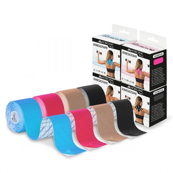 Pack de 4 Kinesiotape | Rosa, Azul, Negro y Beige | Impermeable | Venda neuromuscular | 5mx5cm | Mobitape | Mobiclinic