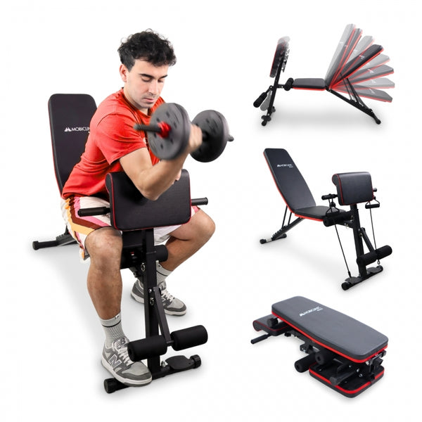 Panca pesi | Con fasce di resistenza | Pieghevole | Regolabile e reclinabile | Peso max. 120kg | Planefit | Mobiclinic