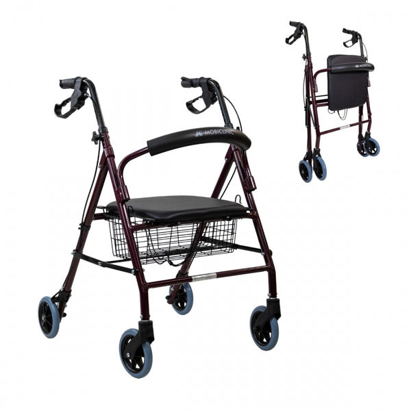 Andador | Plegable | Aluminio | Frenos en manetas | Asiento y respaldo | 4 ruedas | Burdeos | Escorial | Mobiclinic