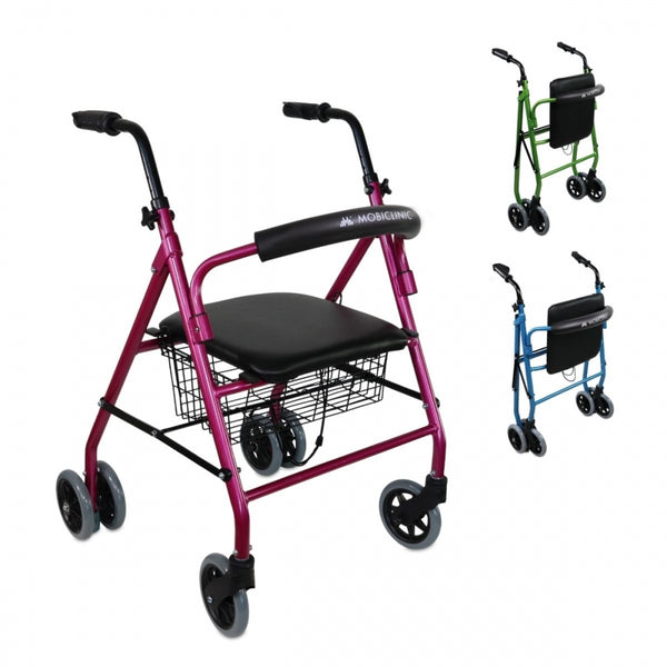 Deambulatore pieghevole | Seduta e schienale | Alluminio | Cesto | Per anziani | Rosa| Prado | Mobiclinic