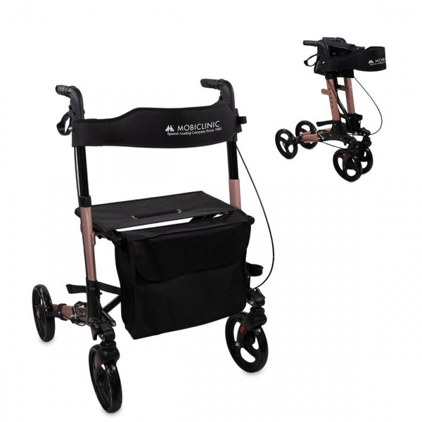 Andador plegable | Aluminio | Hasta 136 Kg | Frenos en manetas | Asiento y respaldo | Oro Rosa | Trajano | Deluxe | Mobiclinic