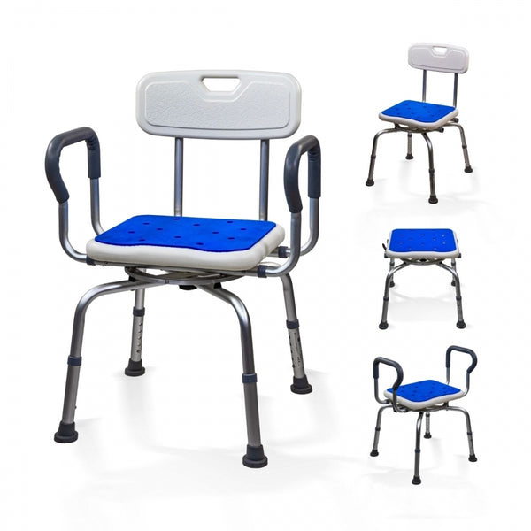 Sgabello girevole per bagno | Seduta a 360º | Altezza regolabile | Braccioli | Seduta con cuscinetto in EVA | Akila | Mobiclinic