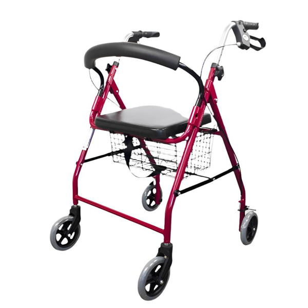 Andador | Aluminio | Plegable | Freno manetas | Asiento y respaldo | Cesta | Para ancianos | Frambuesa | Alhambra | Mobiclinic